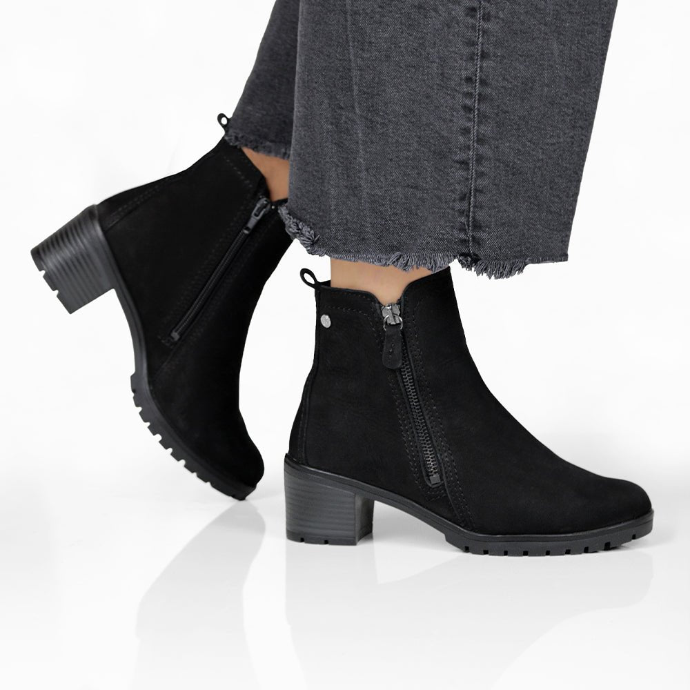 Minfot Rue Boots med klack Dam Dubbelzip Nubuck Svart