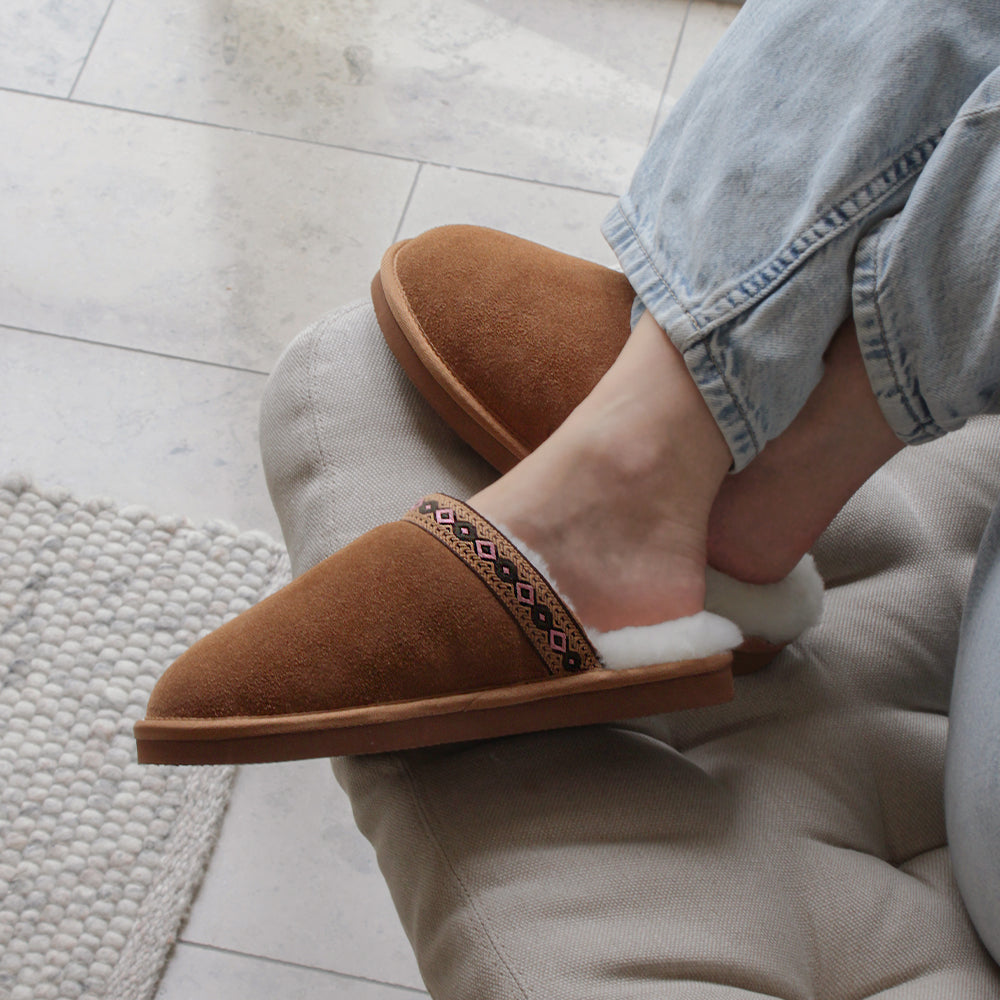 Minfot Fårskinnstofflor Slip-on Myre med sula Chestnut