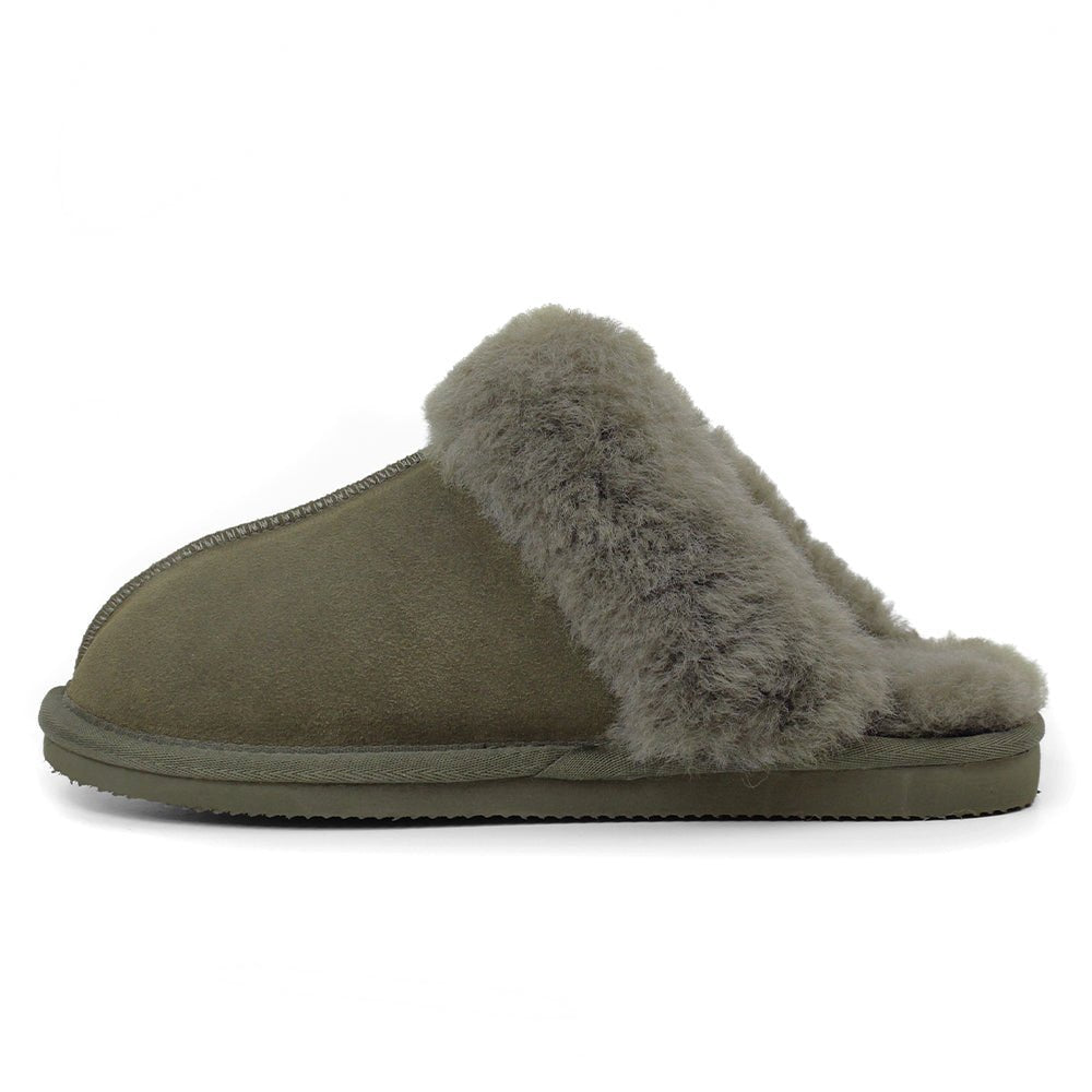 Minfot Fårskinnstofflor Slip-on Duved med sula Mörk Olivgrön