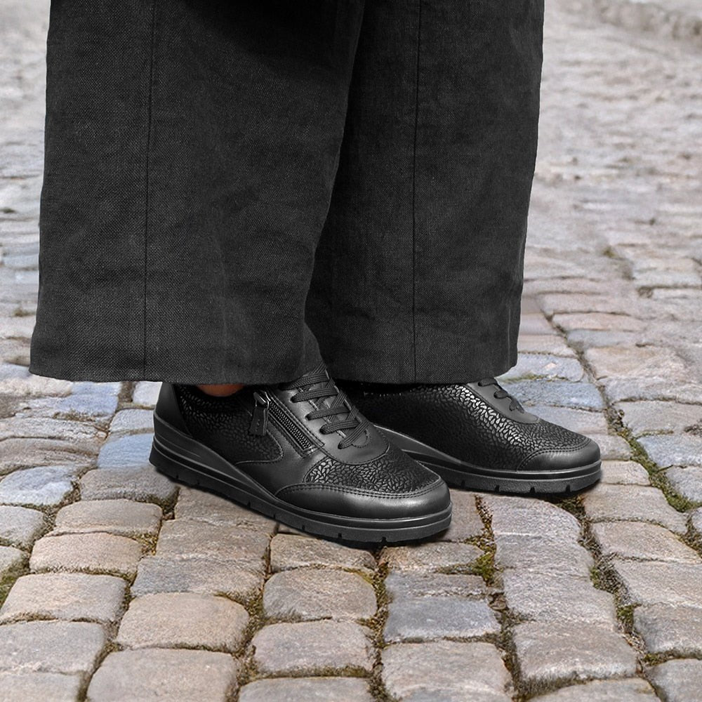 Minfot Elin Stretch Breda Skor Dragkedja Skinn Svart