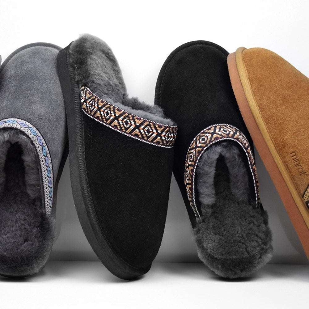 Minfot Fårskinnstofflor Slip-on Myre med sula Svart