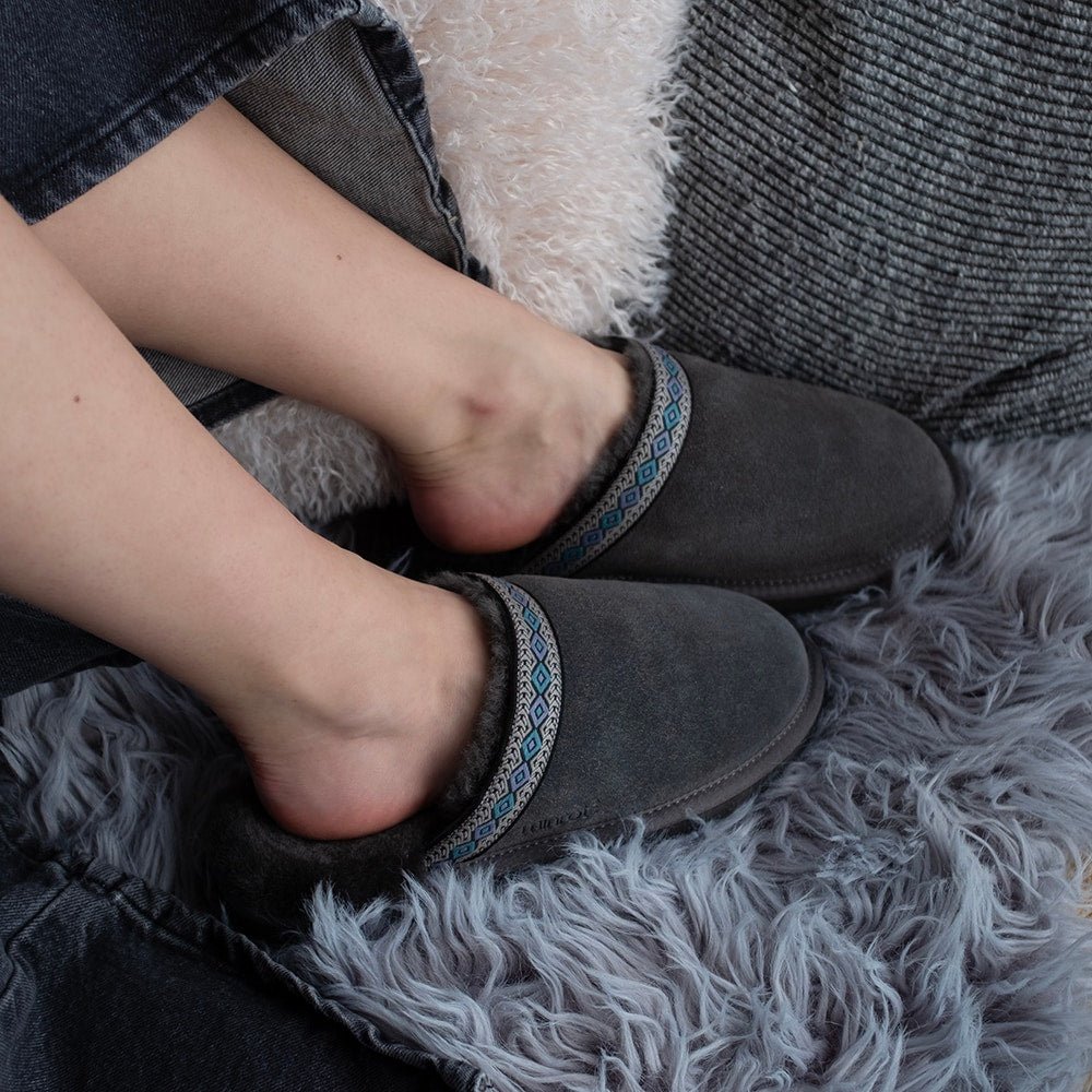 Minfot Fårskinnstofflor Slip-on Myre med sula Grå