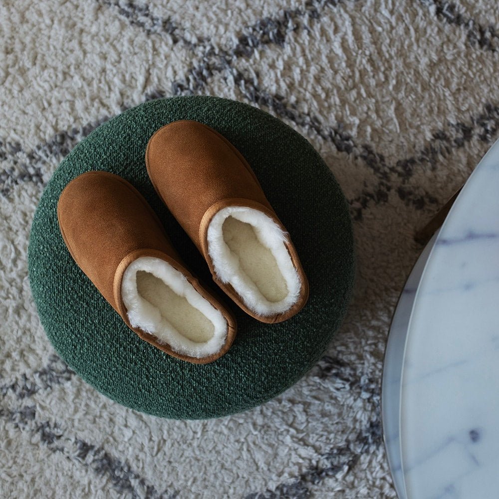 Minfot Fårskinnstofflor Vejle med sula Chestnut